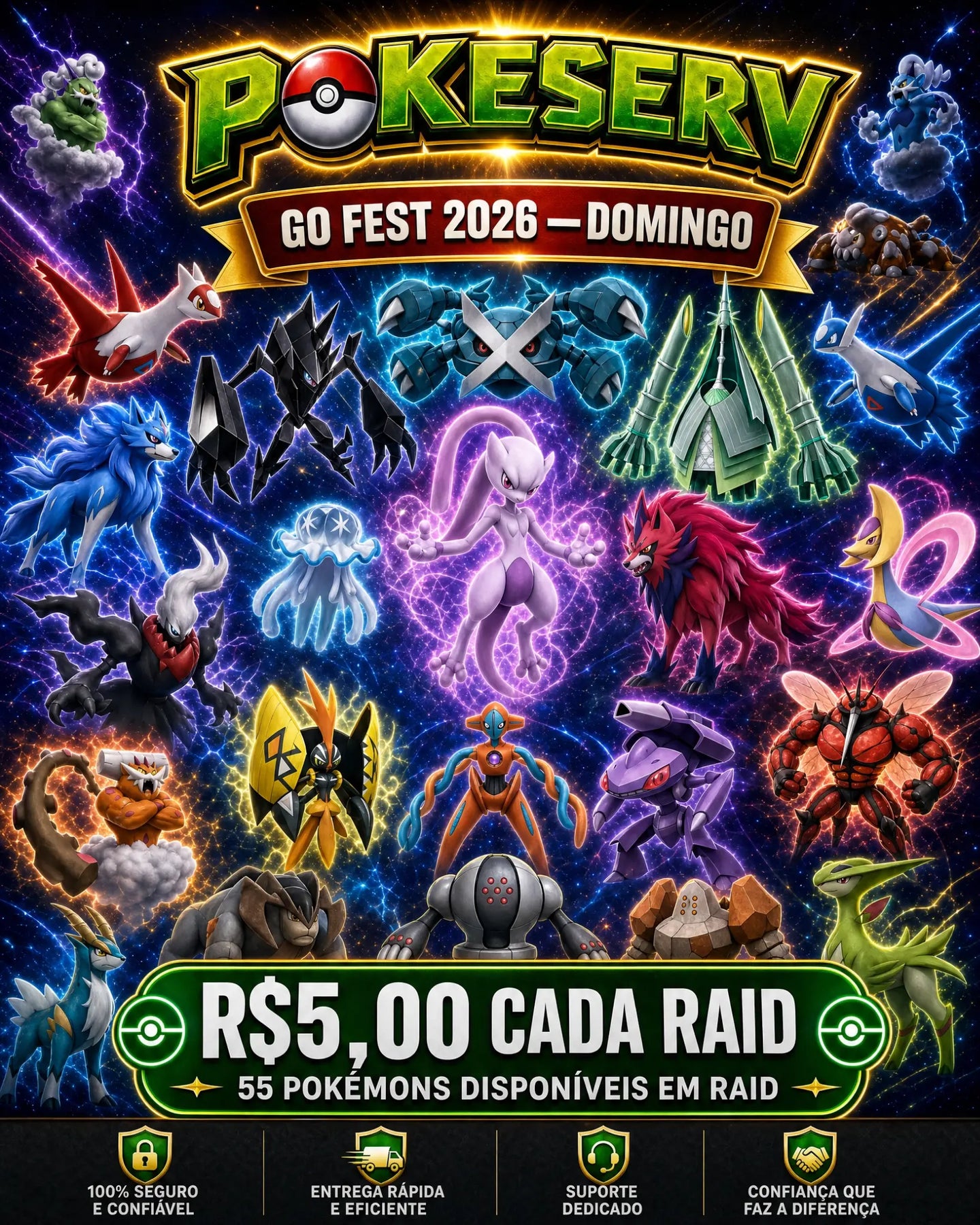 Serviço de Reide GO Fest 2026 Domingo - 55 Pokémon com Chance Shiny e Fundo Exclusivo