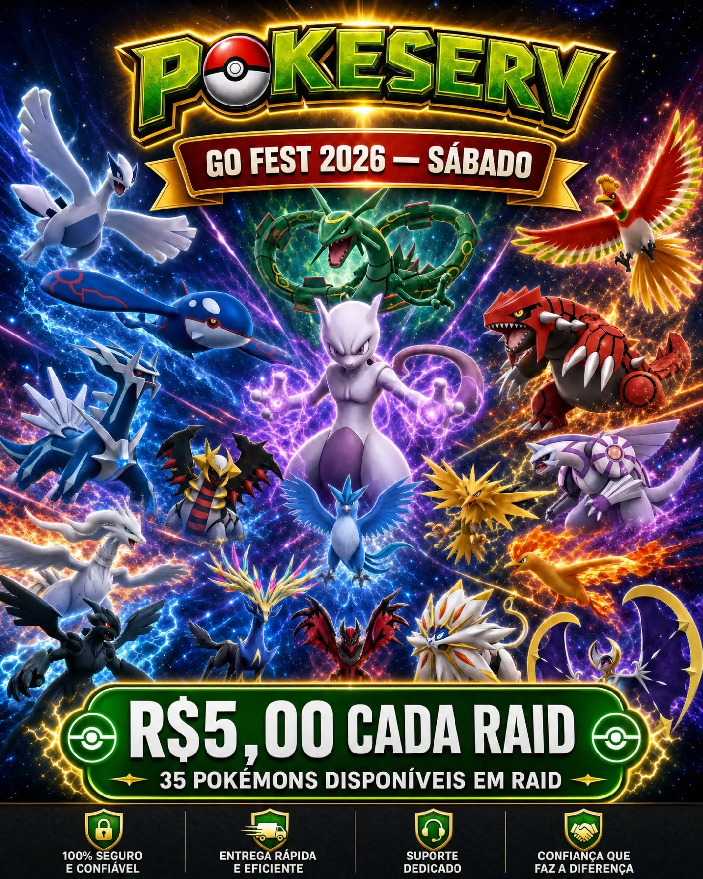 Serviço de Reide GO Fest 2026 Sábado - 35 Pokémon com Chance Shiny e Fundo Exclusivo