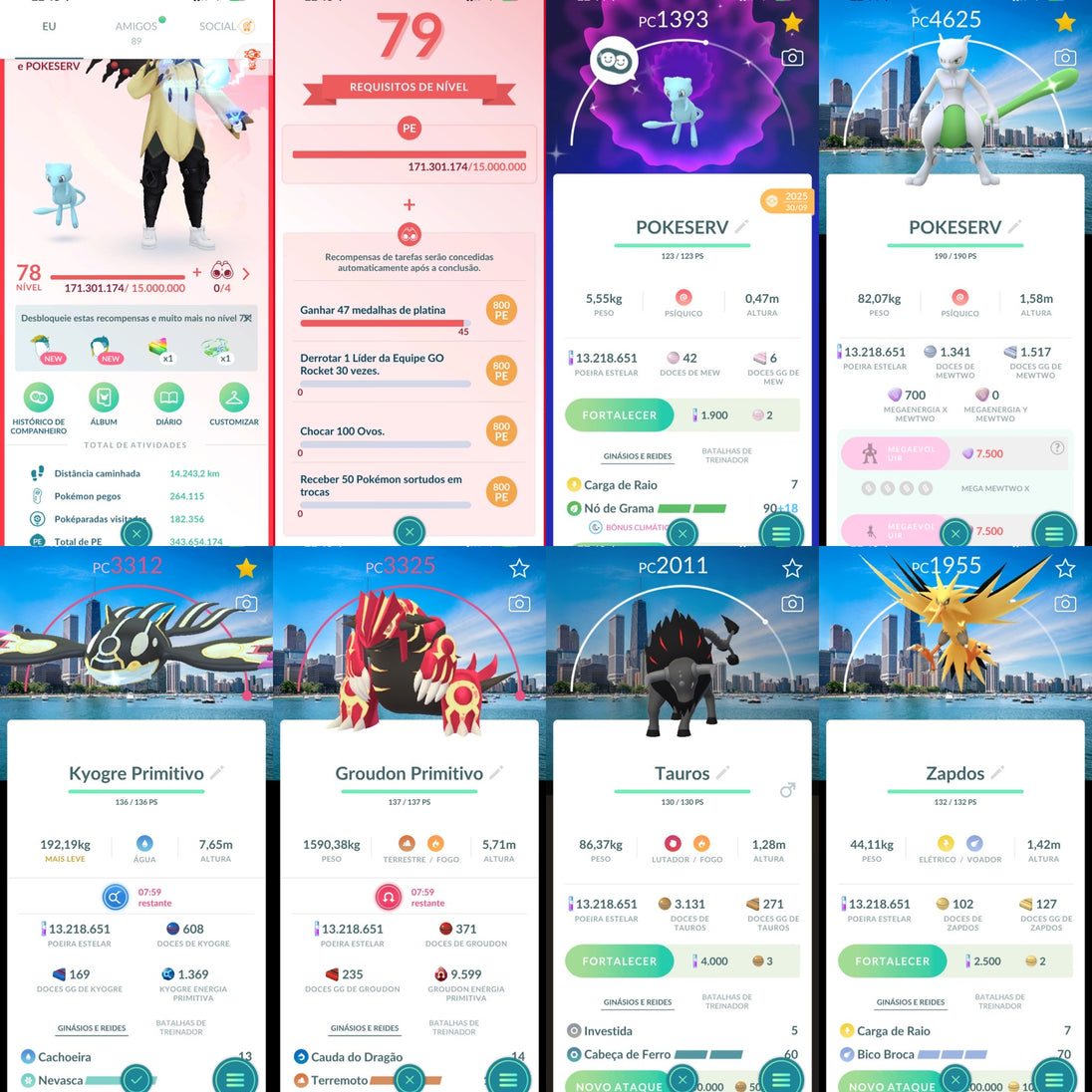 Conta Pokémon GO Nível 78 XP Pro 80 - Mew Shiny + Mewtwo Shiny Fundo Chicago + Mega Kyogre Shiny Fundo Chicago + 40 Shundos