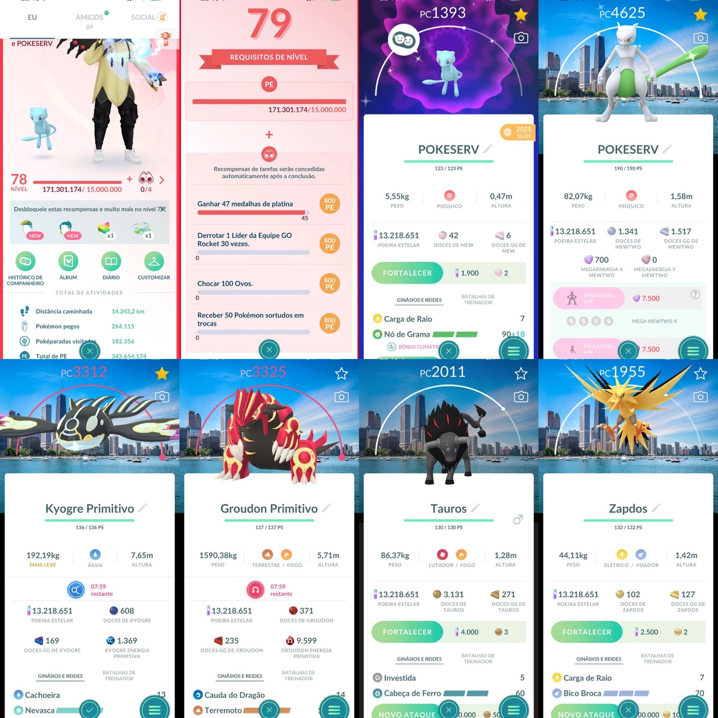 Conta Pokémon GO Nível 78 XP Pro 80 - Mew Shiny + Mewtwo Shiny Fundo Chicago + Mega Kyogre Shiny Fundo Chicago + 40 Shundos