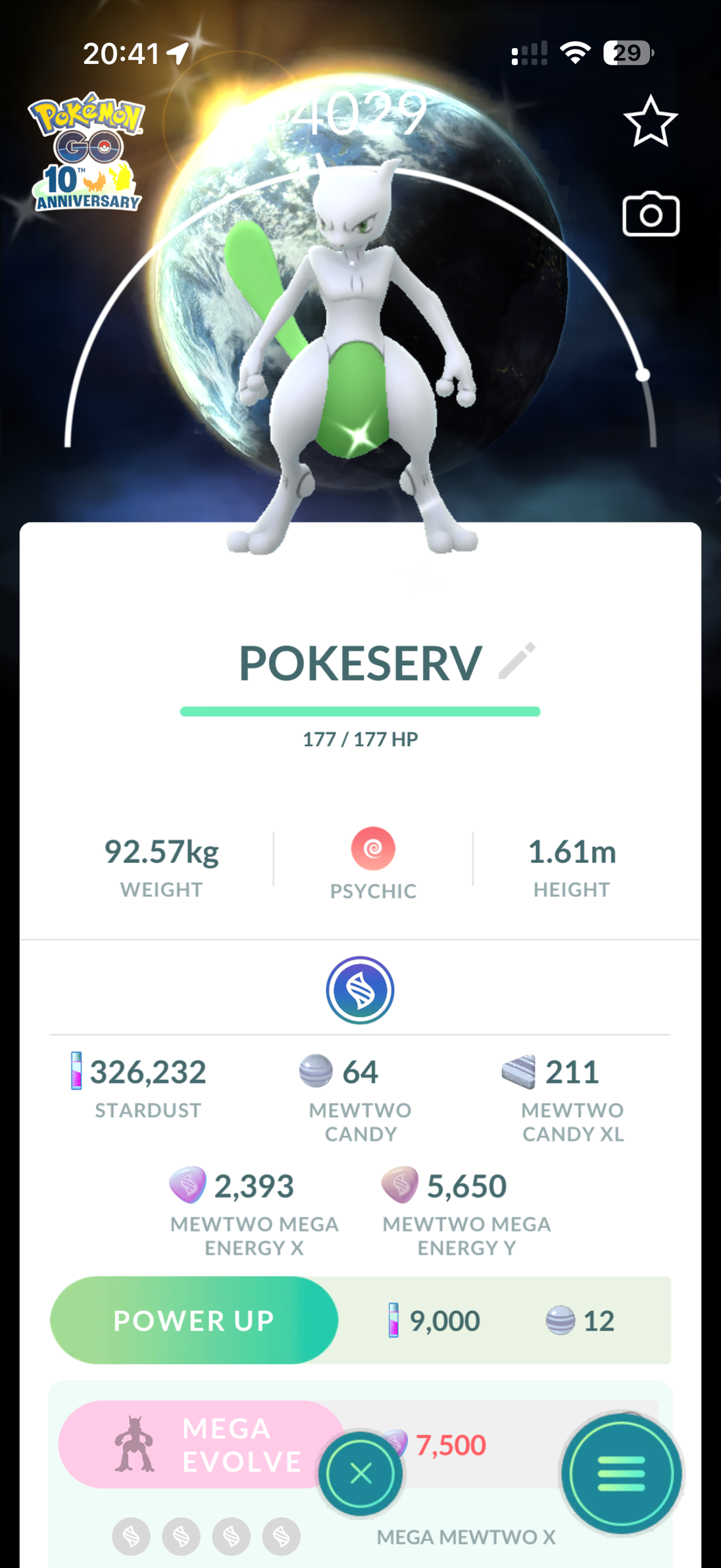 Mini PTC com Mewtwo Shiny 100% IV em Master Ball e Fundo Especial Celebração de 10º Aniversário
