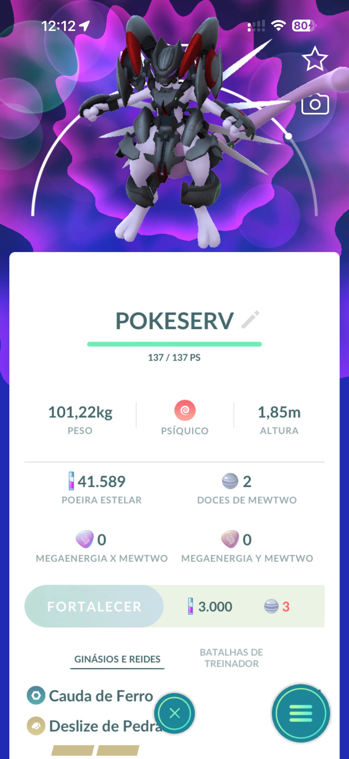 Mini conta Pokémon GO com Mewtwo de Armadura