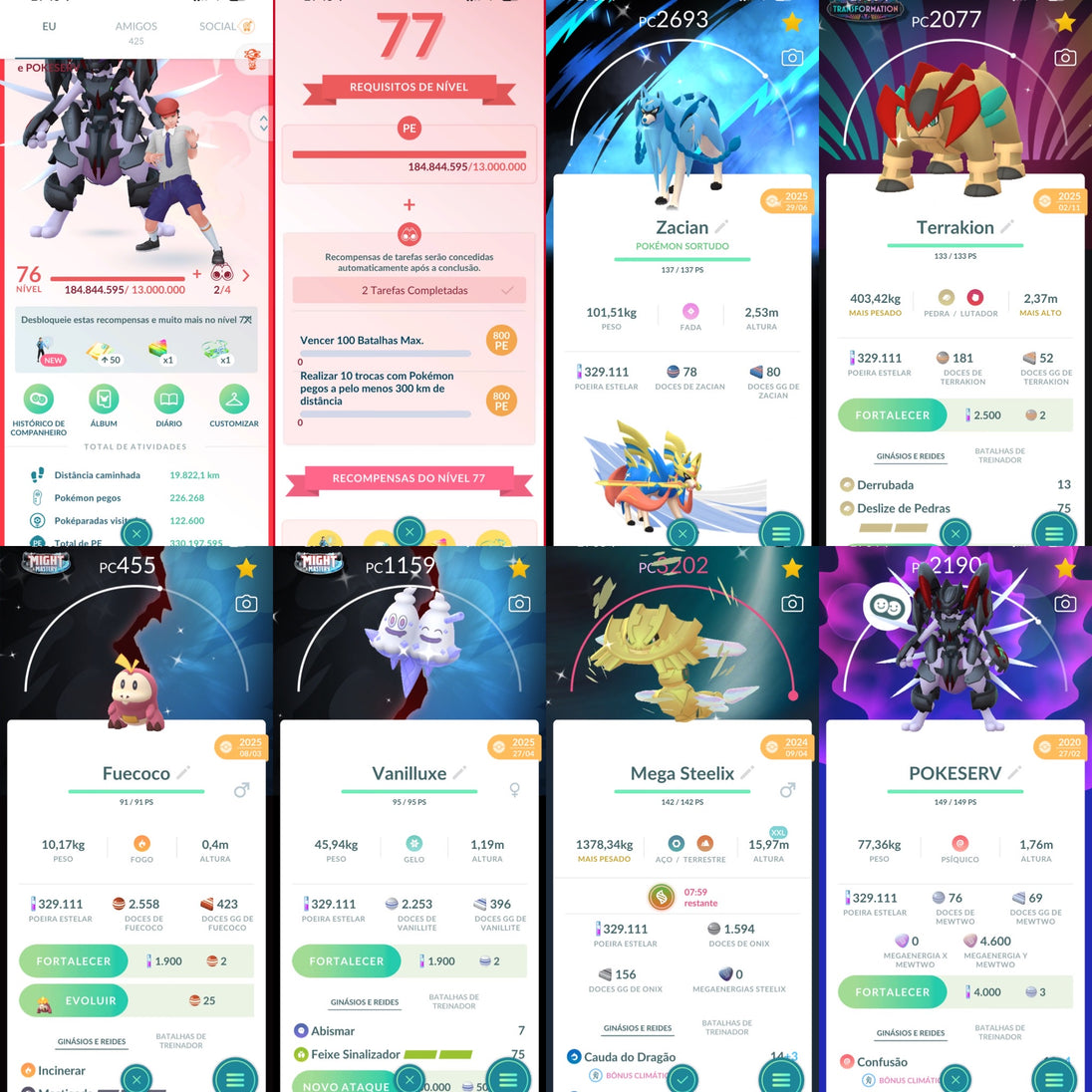 Conta Pokémon GO Nível 76 XP Pro 80 - Charizard Shiny 100% Fundo Paris + Kyurem Shiny 100% + Zacian Shiny + Mega Mewtwo Y
