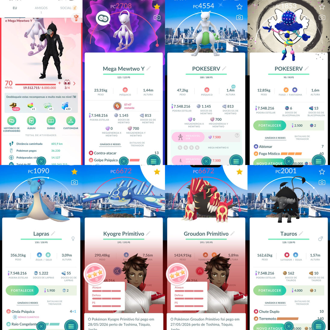 Conta Pokémon GO Nível 70 - GO Fest Tokyo - Mewtwo Shiny + Kyogre Groudon Primitivo 100%
