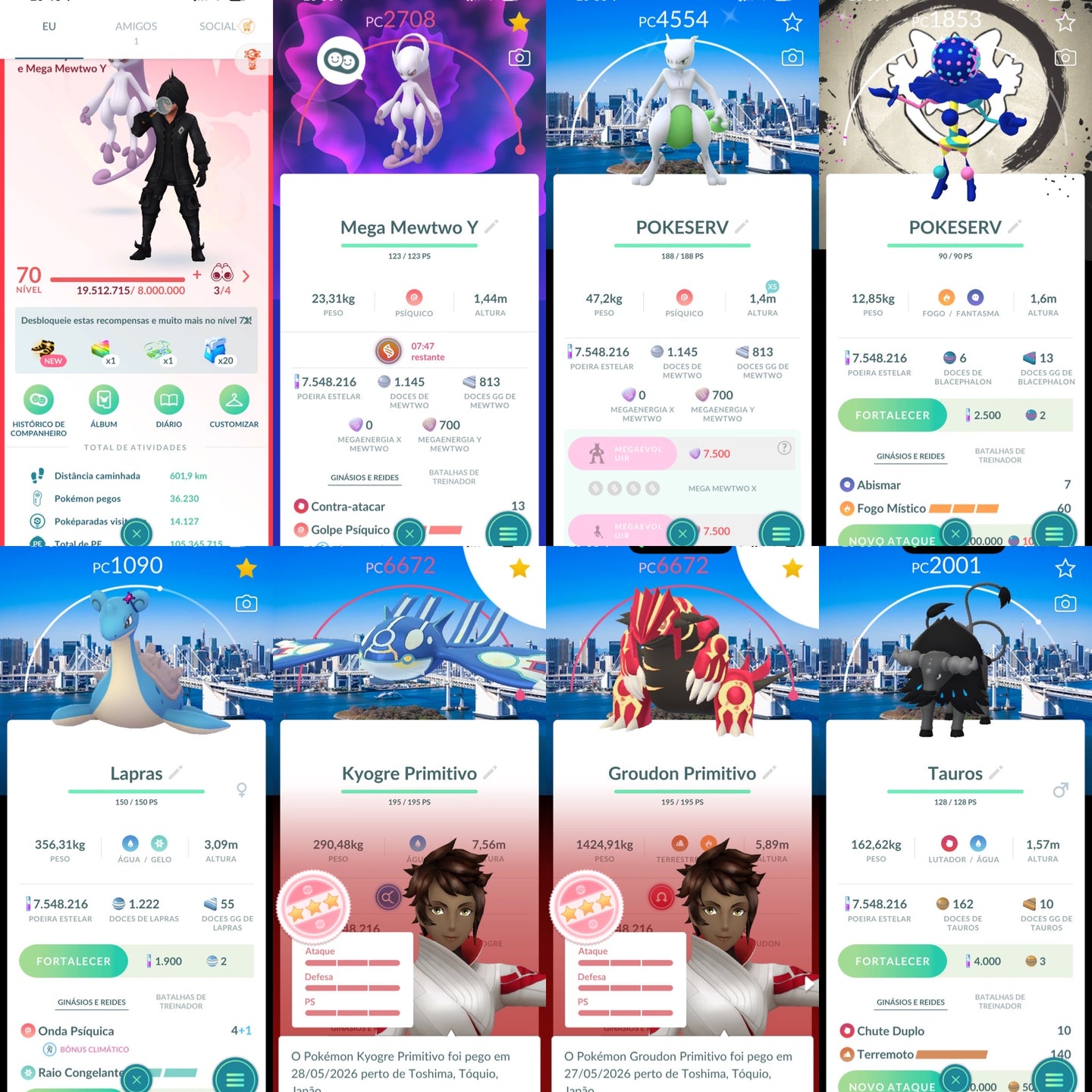 Conta Pokémon GO Nível 70 - GO Fest Tokyo - Mewtwo Shiny + Kyogre Groudon Primitivo 100%
